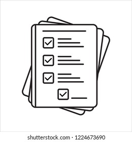 Survey or exam form paper sheets pile. Exam form. Checklists with answered quiz checklist and success result assessment.
