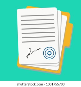 Survey or exam form paper sheets pile. Exam form. Checklists with answered quiz checklist and success result assessment. Isolated vector illustration in flat design.