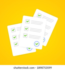 Survey or exam form paper sheets pile with answer checklist quiz and evaluation of success results. Education test idea, questionnaire, document vector illustration. EPS 10