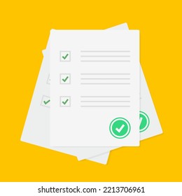 Survey or exam form paper sheets pile with answered quiz checklist and success result assessment, idea of education test, questionnaire