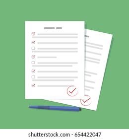 Survey or exam form paper sheets pile with answered quiz checklist and success result assessment, education test, questionnaire, document vector illustration flat style