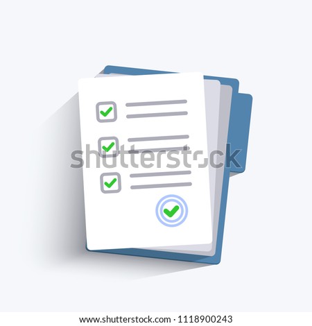 Survey or exam form paper sheets pile. Exam form. Checklists with answered quiz checklist and success result assessment. Isolated vector illustration in flat design.