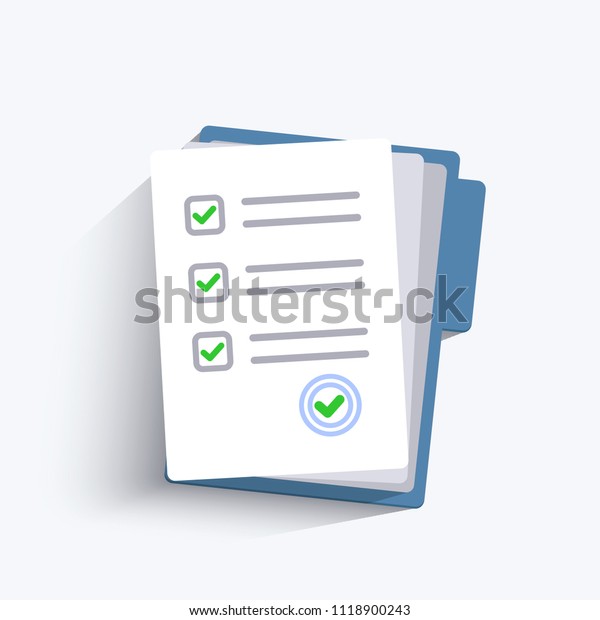 Survey or exam form paper\
sheets pile. Exam form. Checklists with answered quiz checklist and\
success result assessment. Isolated vector illustration in flat\
design.