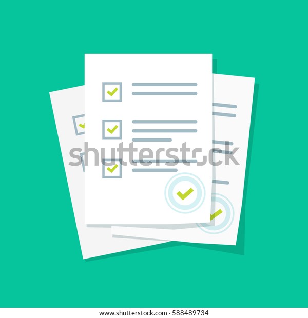 Survey or exam\
form paper sheets pile with answered quiz checklist and success\
result assessment, idea of education test, questionnaire, document\
vector illustration flat\
style