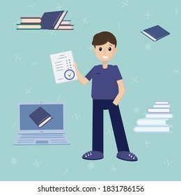 A survey or examination questionnaire sheet in the hand of a young student. Excellent test or quiz results after successful training. Vector