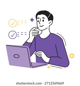Vetor de caracteres de pesquisa e feedback. Homem feliz com laptop, completar tarefas com sucesso, gerar novas ideias e atingir metas on-line