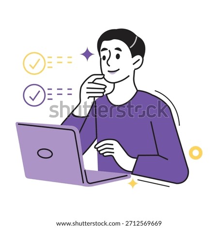 Survey and feedback character vector. Happy man with laptop, successfully completing tasks, generating new ideas, and achieving goals online