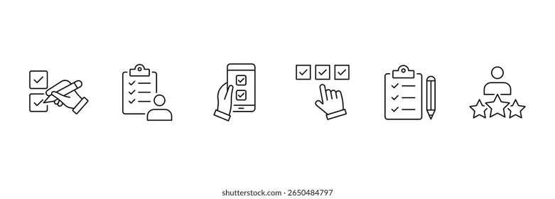 Survey feedback checklist icon set for user review rating evaluation and mobile response in modern outline style vector illustration.