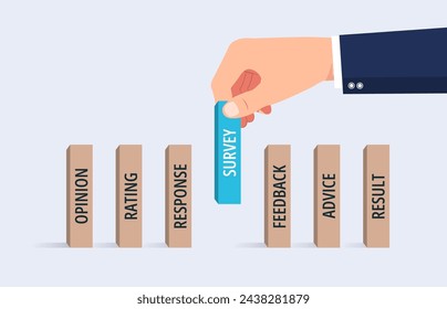Survey and feedback concept, Businessman holds survey sign made of wooden block