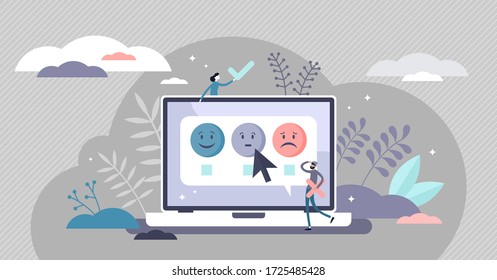 Survey feedback concept, flat tiny persons vector illustration. Online voting poll with user satisfaction choices. Business quality stats analysis tool. Interactive web page client opinion research.