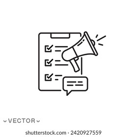 survey with feedback icon, evaluate customer, report quote, client blog, online management, satisfaction grade, forum poll, thin line symbol isolated on white background, editable stroke eps 10 vector