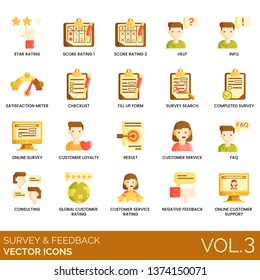 Survey Feedback Icons Including Star Rating, Score, Help, Info, Satisfaction Meter, Checklist, Fill Up Form, Search, Completed, Customer Loyalty, Result, Service, Faq, Consulting, Global, Negative.