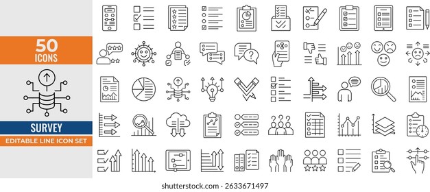 Pesquisa e Feedback Line Icon Set - Ícones vetoriais editáveis para pesquisas, questionários, análises, satisfação, coleta de dados e pesquisa