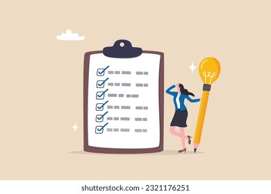 Survey or feedback opinion, checklist of completion or questionnaire form, evaluation or assessment review, checkbox clipboard concept, businesswoman complete survey with lightbulb pencil.