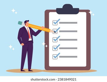 Survey or feedback opinion, checklist of completion or questionnaire form, evaluation or assessment review, checkbox clipboard concept, businesswoman complete survey with pencil.