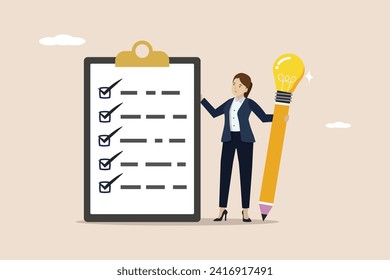 Survey or feedback opinion, checklist of completion, evaluation review, checkbox clipboard concept, businesswoman complete survey with lightbulb pencil.