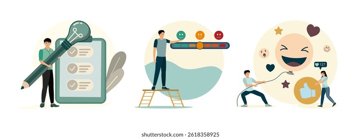 Survey or feedback opinion, checklist of completion or questionnaire form. Customer satisfaction, feedback or appreciation rating. Employee satisfaction, workplace happiness or success team motivation