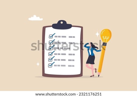 Survey or feedback opinion, checklist of completion or questionnaire form, evaluation or assessment review, checkbox clipboard concept, businesswoman complete survey with lightbulb pencil.