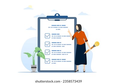 survey or feedback opinion concept, completion checklist or questionnaire form, evaluation review or assessment, checkbox clipboard, businesswoman completing survey with light bulb pencil.