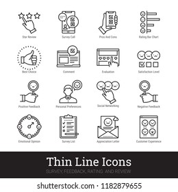 Survey, feedback, rating and review thin line icons. Modern linear illustration concept for social networks, web & mobile app. Checklist, quiz, emotional opinion, star review vector icons collection.