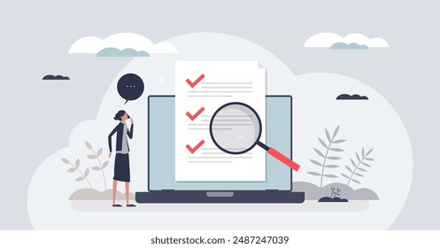 Encuesta con Comentarios o documento de revisión para Clientes concepto de persona pequeña. Informe de calidad empresarial con Ilustración vectorial de lista de comprobación. Cuestionario con preguntas, respuestas y espacio para comentarios.