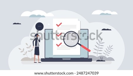 Survey with feedback or review document for customers tiny person concept. Business quality report with check list vector illustration. Questionnaire with questions, answers and space for comments.