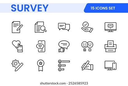 Comentários da pesquisa, depoimentos, ícones de linha fina de clientes. Para design de marketing do site, logotipo, aplicativo, modelo, iu, etc.