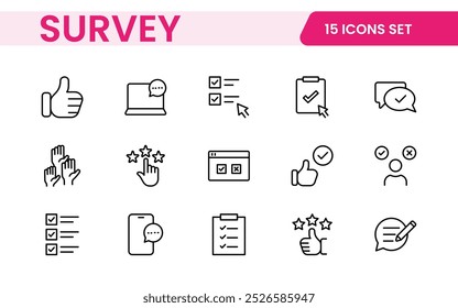 Survey feedback, testimonial, customer thin line icons. For website marketing design, logo, app, template, ui, etc.
