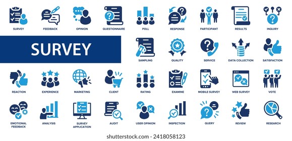 Survey flat icons set. Rewiev, feedback, research, icons and more signs. Flat icon collection.