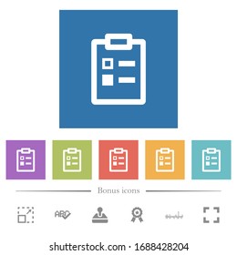 Survey flat white icons in square backgrounds. 6 bonus icons included.