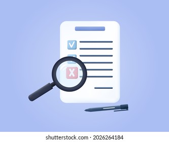 Survey form 3d, paper document, page, check list. Positive or wrong test, exam, questionnaire or quiz. Question and answer selected and check mark.The result of a survey form, report, scheduler.Vector