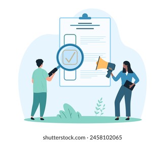 Survey form analysis, feedback inspection and control. Tiny people analyze check mark on list with magnifying glass, employees research paper document on clipboard cartoon vector illustration