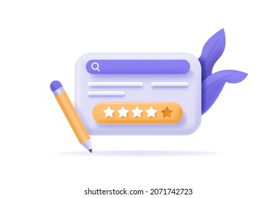 Survey form with customer review window and pencil. Online feedback, survey or review concept. 3d realistic vector illustration.