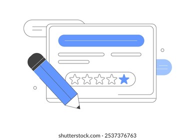 Formulário de pesquisa com lápis e janela de revisão do cliente. Feedback on-line, pesquisa ou conceito de revisão. Ilustração de vetor, ícone. Elegante, linha minimalista, abstrato