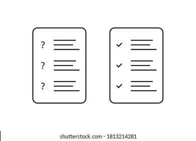 Documento del formulario de encuesta. Formulario de lista de verificación en línea con marca de verificación y signo de interrogación. Probar el portapapeles en el diseño del contorno. Informe de opinión de comentarios. Cuestionario de papel aislado. EPS vectorial 10