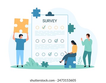 Survey form filling, exam of sociology test, customer feedback. Tiny people holding puzzles, study big list of answers to questions with check marks on clipboard, cartoon vector illustration