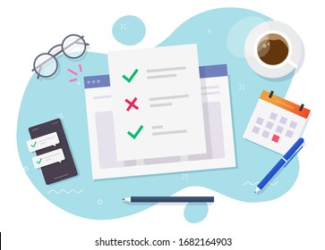 Survey form online check list document on study workplace or website learning exam results on table desk top view vector flat cartoon, web education work place concept, questionnaire report design