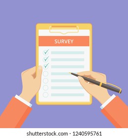 Survey form on clipboard with hands vector illustration. Customer feedback list with checklist on board with paper clip. Flat man hands holding pen and clipboard with survey list on violet background.