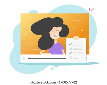 Survey form online check list document in video call webinar or distance learning exam results interactive with woman teacher vector flat cartoon, web education or study concept, questionnaire report