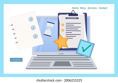 Survey form online or check list. Choose a digital test, exam, questionnaire or quiz. Question, answer selected and check mark on a laptop screen, remotely. Result of a survey form, schedule. Vector 
