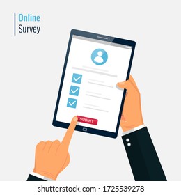 Survey Form Online Vector Illustration. Hand Holding And Fill Questionnaire On Tablet Screen. Quiz Form Idea, Interview Assessment, Passed Questionnaire, Isolated On Color Background.