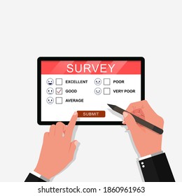 Survey form online vector illustration. Hand holding pen tablet and fill questionnaire online concept.