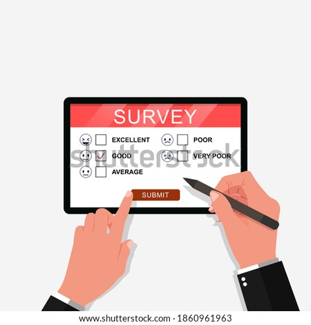 Survey form online vector illustration. Hand holding pen tablet and fill questionnaire online concept.