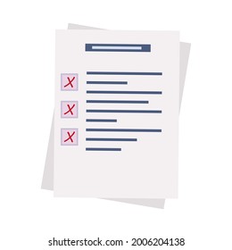 Survey form, paper page or check list. Choose a test, exam, questionnaire or quiz. Question and wrong answer selected and negative check mark. The bad result of a survey form, report, vote. Vector 