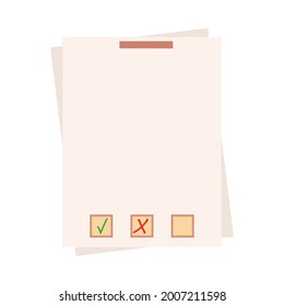 Survey form, paper page or check list. Choose a test, exam, questionnaire or quiz. Question and answer selected and check mark. The result of a survey form, report, schedule, vote. Vector illustration