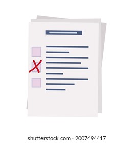 Survey form, paper page or check list. Choose a test, exam, questionnaire or quiz. Question and answer selected and check mark no. The result of a survey form, report, schedule, vote. Vector