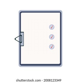 Survey form, paper page or check list on clipboard. Choose a test, exam, questionnaire or quiz. Question and answer selected and check mark. The result of a survey form, schedule. Vector illustration