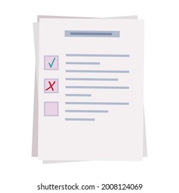 Survey form, paper page or check list. Choose a test, exam, questionnaire or quiz. Question and answer selected and check mark. The result of a survey form, report, schedule, vote. Vector illustration