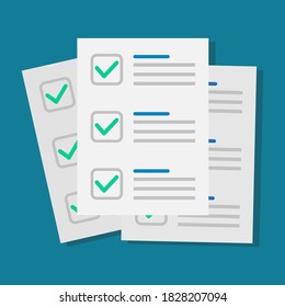 Survey form paper sheet pile with answered quiz checklist. idea of education test. questionnaire