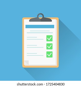 Survey form sheet vector illustration. Flat style good exam results on paper clipboard. quiz form idea, interview assessment, passed questionnaire, isolated on color background.